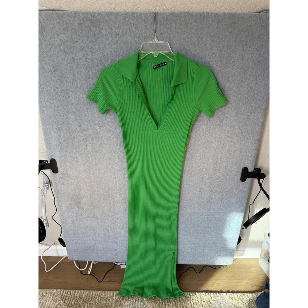 ZARA Midi Ribbed Dress Green with Collar Size Small